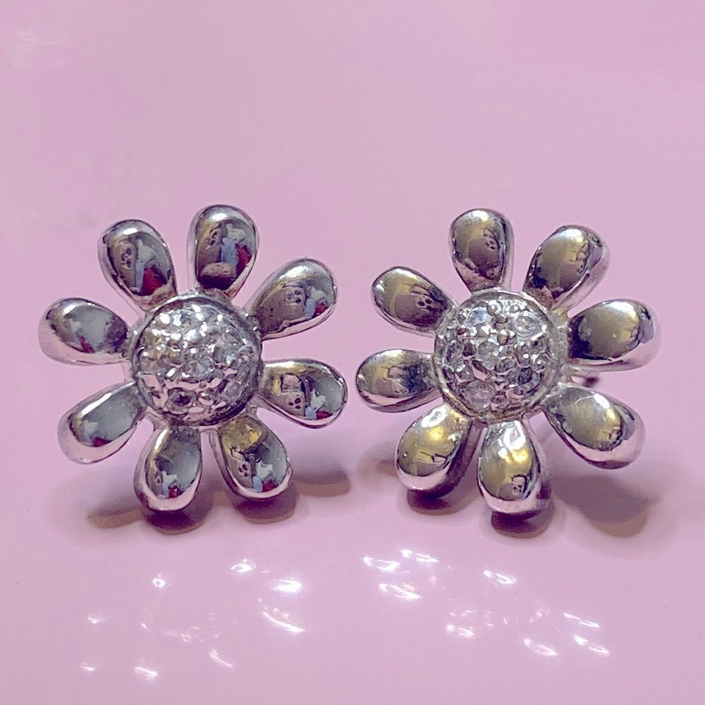 💛 Vintage Sterling Silver CZ Flower Earrings